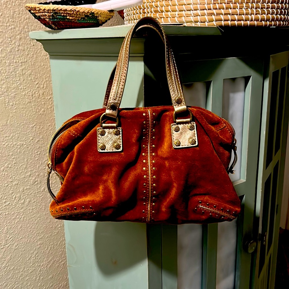 classic Michael Kors womens bag in brown/rust sude and gold trim